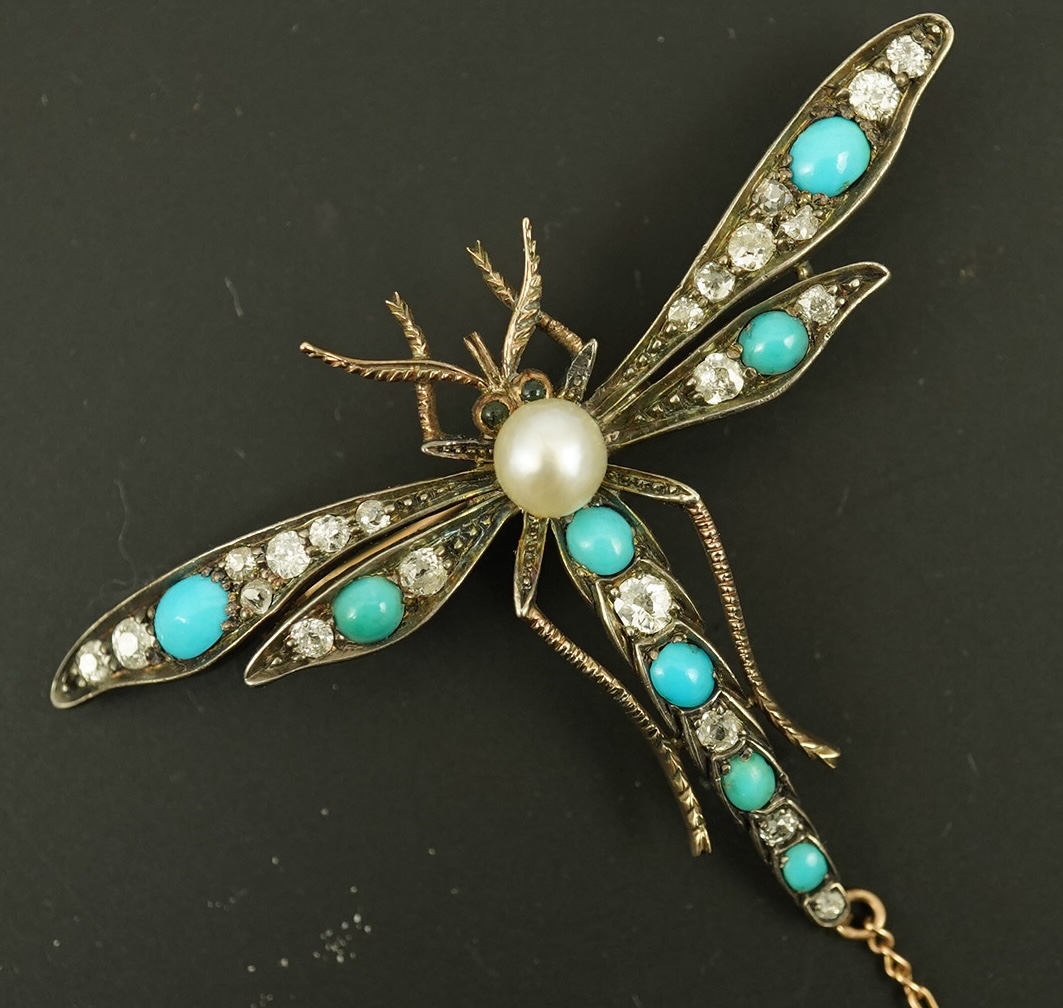 A late Victorian gold and silver, diamond, turquoise and pearl set dragonfly brooch